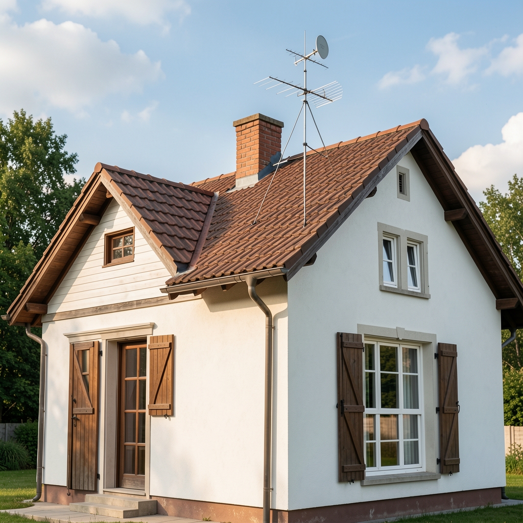 Davis Instruments Vantage Vue бела временска станица са анемометром и плувиометром постављена на кровни јарбол приватне куће